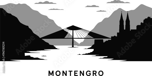 Montenegro skyline silhouette panoramic view black white flat illustration landscape architecture travel