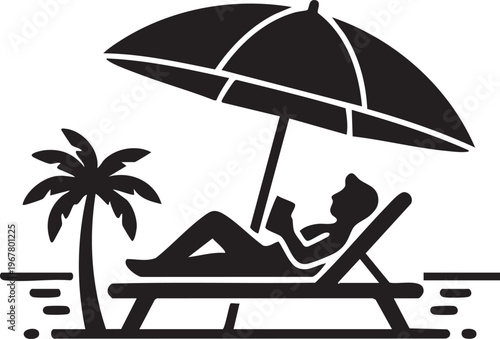 Beach Relaxation Under Umbrella Palm Tree Summer Vacation Silhouette Vector