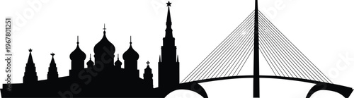 Moscow red square buildings silhouette next to modern cable stayed bridge structure in horizon