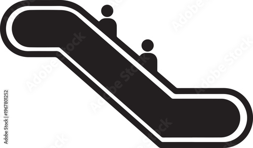 Black and white escalator icon, people riding up, modern transportation symbol, vector graphic