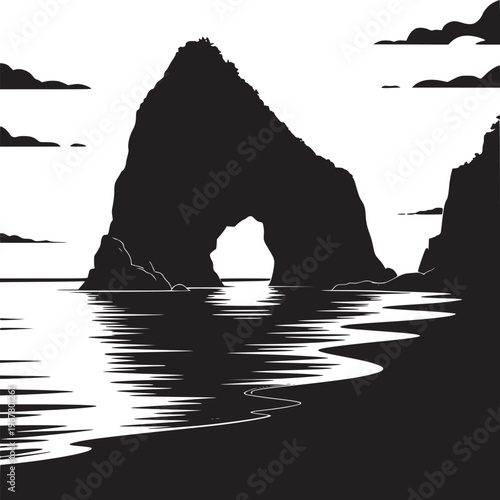 Monochrome illustration of a rock formation with a hole in it over water and clouds in the sky