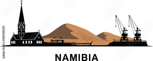 Namibia swakopmund luderitz skyline silhouette monochrome vector illustration desert landscape travel