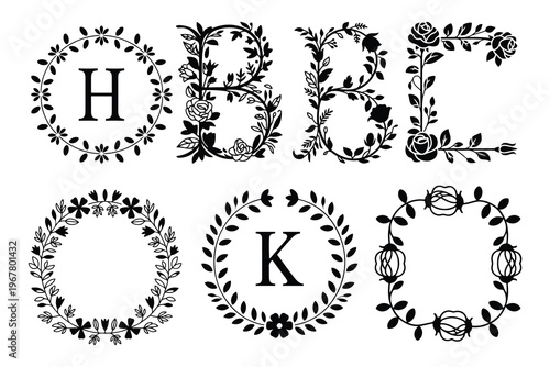 Black floral wreaths with letters H B F O K alphabet