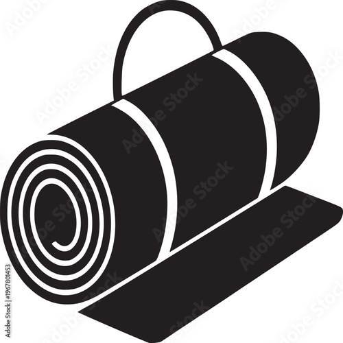 A black and white illustration of a rolled up yoga mat with a handle and a small section unrolled