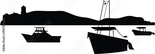 Ocean view silhouette with rolling hills coastline lighthouse and various small fishing boats sailing