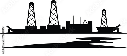 Offshore oil drilling platform silhouette and oil spill vector illustration showing environmental damage