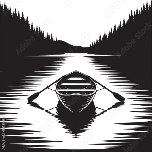 A black and white illustration of a rowboat on a lake surrounded by trees on either side of it