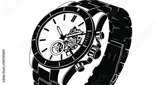 Wristwatch featuring a detailed mechanical dial and a metallic link bracelet.