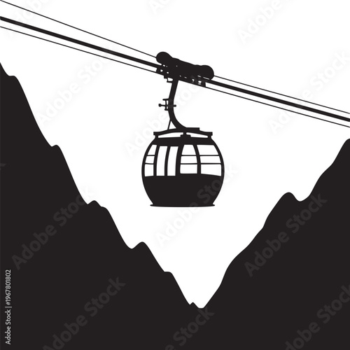 A black and white illustration of a gondola lift over a mountain range in a minimalist style