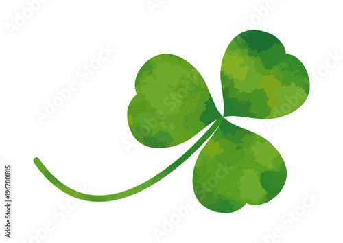 Green watercolor clover leaf with stem, lucky shamrock illustration, natural botanical element isolated