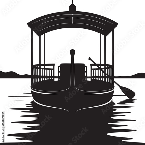 Silhouette of a covered boat with an oar on the water against a white background with land visible