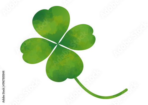 Green watercolor four leaf clover with stem, lucky shamrock illustration, natural botanical element isolated