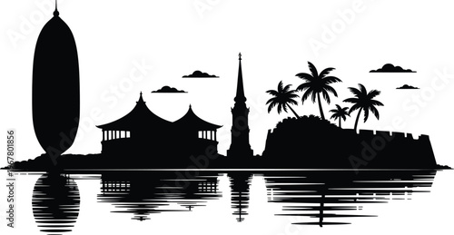 Silhouette of tropical waterfront city with minaret palm trees and ancient fortress reflection