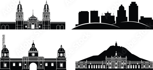 Silhouette skyline vector icons featuring famous landmarks and cityscapes of various global locations set