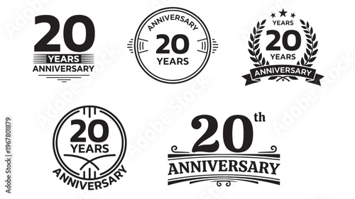 Anniversary logos set featuring the number 20 with decorative elements and text for celebrations featuring 20 years, celebration, logo with icon and