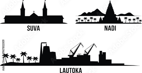 Suva Nadi and Lautoka city skylines silhouettes set fiji islands travel tourism icons landmarks collection vector