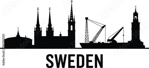 Sweden skyline silhouette churches lighthouse ship cranes industrial maritime city
