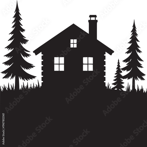 Silhouette of a house with a chimney and windows surrounded by trees against a white background