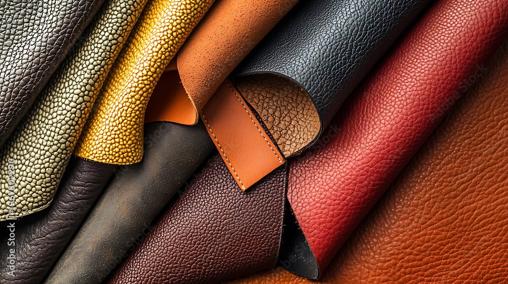 Fototapeta premium A CloseUp View of Various Textured Leather Swatches in Different Colors.