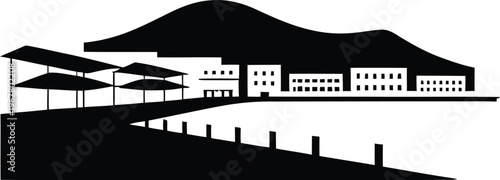 Waterfront town cityscape silhouette with seaside buildings covered market stalls and mountain backdrop