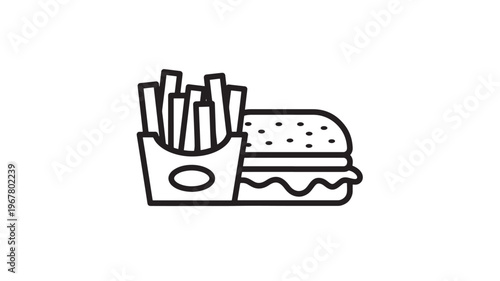 Burger and french fries icon with simple outline on a white background for fast food or restaurant graphics