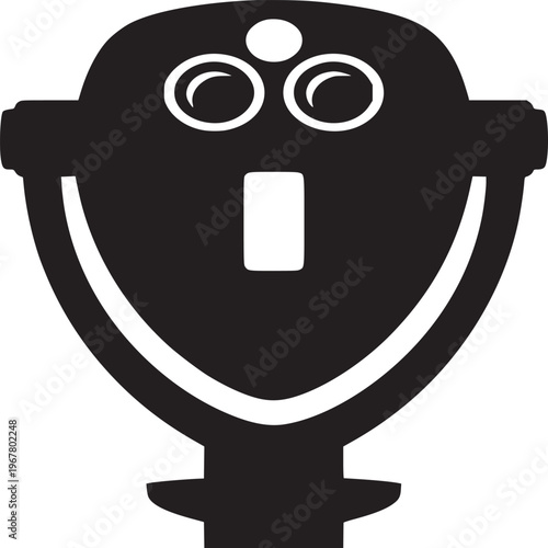 A black and white graphic illustration of a coin operated binoculars viewer on a white background