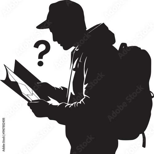 Silhouette of a lost hiker with backpack looking at map and a question mark above his head in black and white
