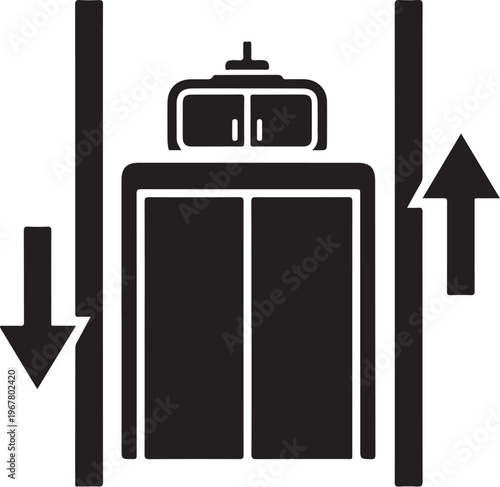 Elevator icon, lift symbol, up and down arrows, black and white vector graphic