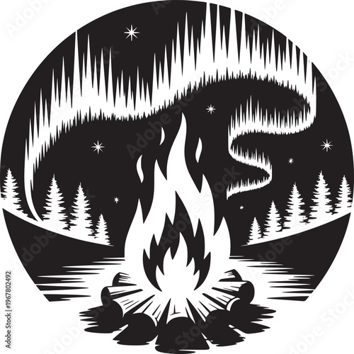 Black and white illustration of campfire under aurora borealis in a circular frame design