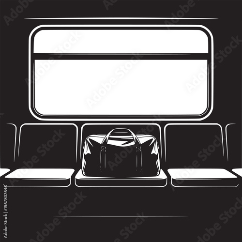A duffel bag sits on a seat inside a train car with a window in a black and white illustration