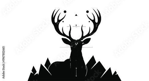 Stag silhouette stands majestically against a backdrop of geometric mountains.
