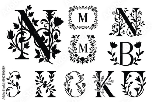 Black floral letters and monograms alphabet