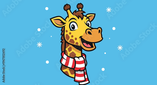 Cute winter cartoon giraffe wearing striped scarf with snowflakes.