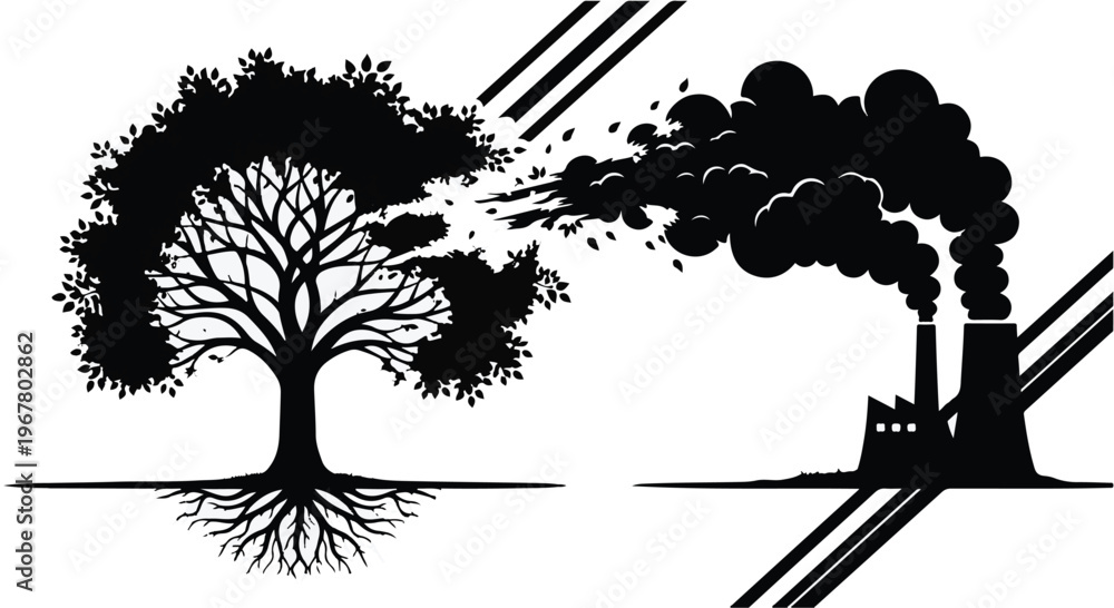 Fototapeta premium Tree silhouette stands beside an industrial factory emitting dark smoke clouds.