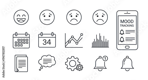 Mood Tracking App Icons: Emotions, Calendar, Graphs, Settings, Notifications