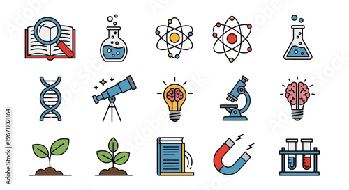 Science Icons: Discovery, Research, Innovation, Biology, Chemistry, Physics, Astronomy