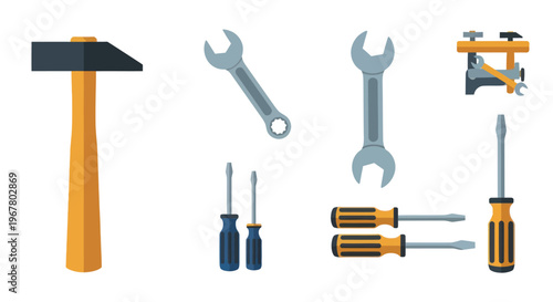 Set of tools: hammer, wrenches, screwdrivers. Flat design illustration.