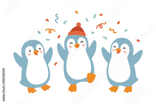 Happy baby penguin party collection with confetti and winter hat in scandinavian style