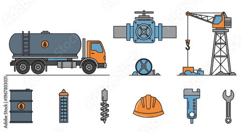Industrial Equipment Icons: Truck, Crane, Valve, Barrel, Helmet, Tools