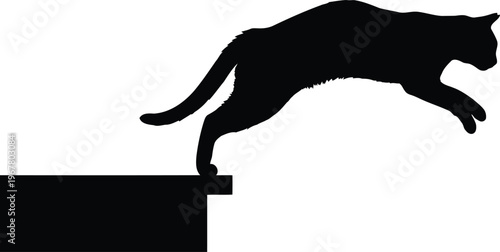 Black cat leaping from platform, athletic feline predator jumping action, agile domestic animal movement