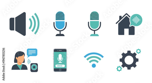 Voice Command Technology Icons: Microphone, Smart Home, Speaker, Wi-Fi, Smartphone