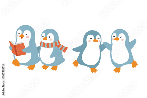 Cute baby penguin friends collection reading sharing scarf and holding hands scandinavian style