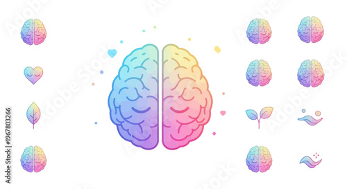 Colorful Brain Divided into Two Halves with Abstract Shapes and Icons