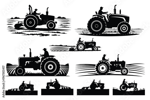 Black silhouettes of tractors and farmers in various agricultural