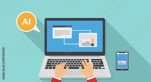 Artificial intelligence transferring data from laptop to smartphone, digital concept