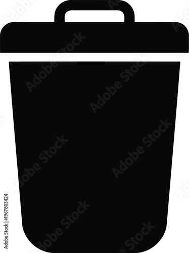 Solid black closed trash can with lid and handle, modern garbage bin icon for waste management