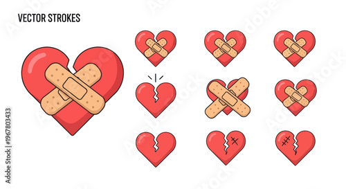 Broken Heart Repair Set: Bandaged Heart Illustrations for Recovery and Healing