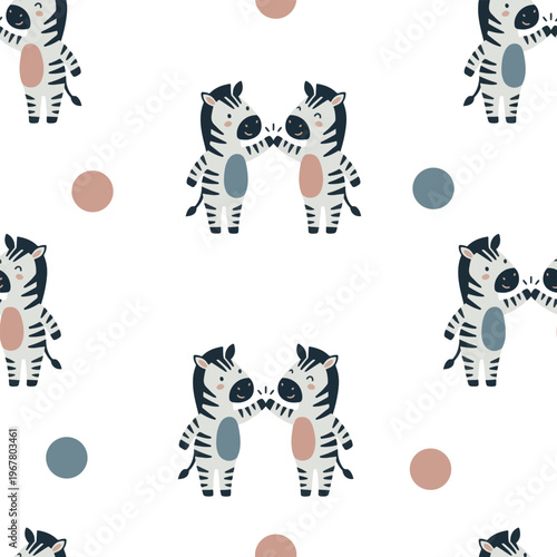 Seamless pattern of cute baby zebra couple with dots in scandinavian style for textile and wallpaper