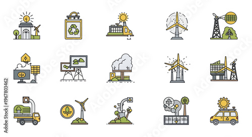Eco-Friendly Energy Icons: Green Technology, Renewable Power, Sustainable Solutions