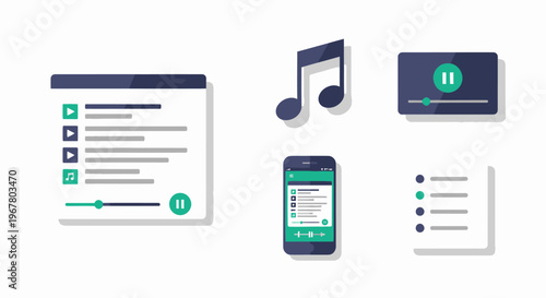 Digital media player interface icons and elements, music, video, playlist ui